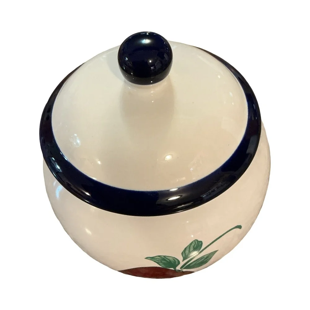 Princess House Orchard Medley Ceramic Sugar Bowl Apple Navy Trim Cream Canister